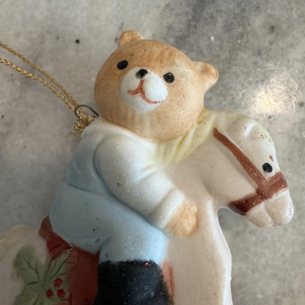 Porcelain Bisque Rocking Horse Teddy Bear Christmas Tree Ornaments Vintage GWB01